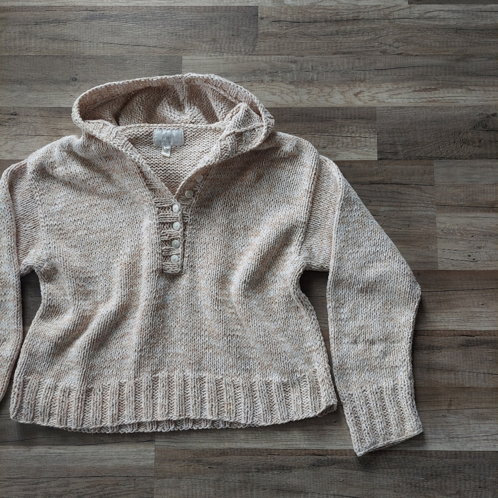 Soft Surroundings 100% Cotton Pullover Henley Style Hooded Sweater Medium